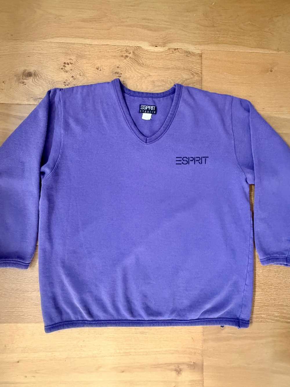 VTG 80s Esprit Logo Sweatshirt V-Neck Printed Pullover Purple Wms Medium Sportiv